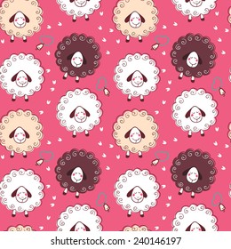 Funny hand-drawn colored sheep with bells and footmarks. Vector seamless pattern. Ideal to use as a background for the site or print on textiles.