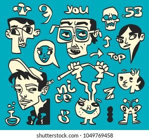 Funny hand-drawn doodles and characters collection. Vector illustration.