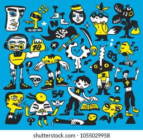 Engraçado desenho à mão rabiscos e coleção de personagens em fundo isolado. Ilustração vetorial.