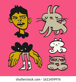 Funny hand-drawn doodles set. Joyful imaginary characters on isolated background. Vector illustration.