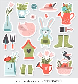 Funny hand-drawn garden set. Vector illustration. Cute bunny, fox, bird and many other garden elements with colorful spring flowers.