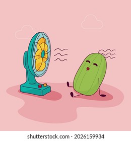 Funny hand-drawn illustration of a cactus cooling under a fan. The cactus is hot, stuffy, the fan is working.