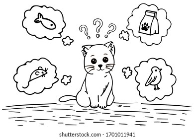 Funny hand-drawn kitten. Animals vector illustration with a charming cat. Doodle style cat. Food for the cat. Cute kitten. coloring