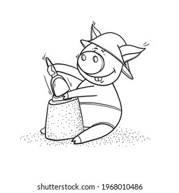Funny hand-drawn pig on the beach. Sand castles, relaxation, fun on the beach. Vector illustration for design or textile print