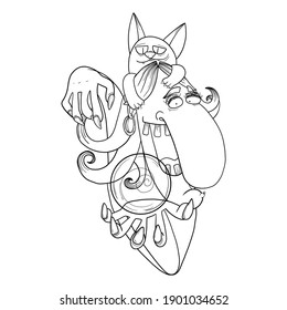 A funny hand-drawn witch with a fortune-telling ball. Vector illustration for design or textile print