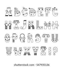 Funny handwritten doodle cartoon alphabet. Cute characters letters. 