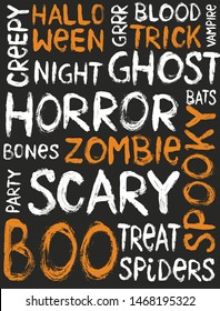 Funny Handwritten Halloween Text Vector Illustration. Orange and White Irregular Shape Brush Letters on Black Background. Halloween Party Poster. Cool Infantile Style Drawing ideal for Card, Poster.