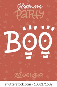 Funny Handwritten Halloween vertical poster template. Orange and White Irregular Shape Brush Letters on red Background. Halloween lettering Party banner. Cool Infantile Style Drawing for Card.