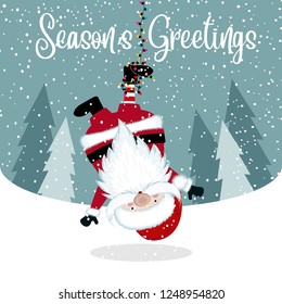 Funny Hanging Santa. Christmas poster. Vector