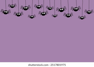 Funny hanging spiders on background with copyspace. Halloween card. Vector