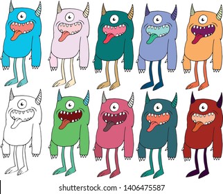 Funny happy alien cyclops monsters