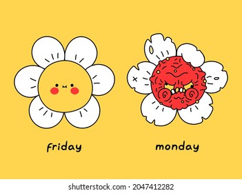 Funny happy and angry mad flower. Friday vs monday. Vector doodle cartoon character illustration design. Flower, love friday,hate monday print for poster, t-shirt concept