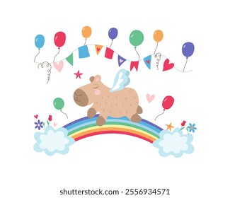 Funny happy animal, cartoon capybara with wings. Rainbow, clouds, stars and flowers. Flags, festive decor, hearts, balloons. Decor cards for birthday, Valentine's Day, party.