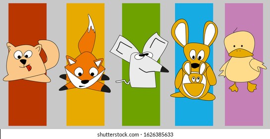 Funny happy animals cat, fox, rat, kangaroo, duckling in a set of bright color vertical cards with place for text. Vector design, cartoon.