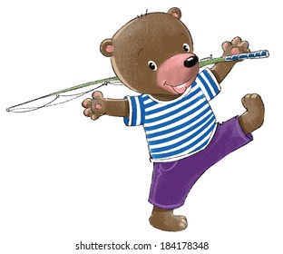 Funny happy bear-sailor go fishing with a fishing rod.