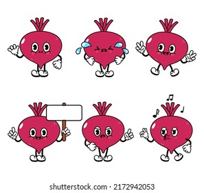 Funny happy beet characters set. Vector hand drawn doodle style traditional cartoon vintage, retro character illustration icon design. Isolated white background. Cute beet character