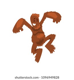 Funny happy bigfoot having fun, mythical creature cartoon character vector Illustration on a white background