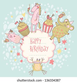 Funny happy birthday card. Cute animals Ã¢Â?Â? elephant, pig, horse and frog with tasty cupcakes in vector. Cartoon childish background