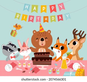 Funny happy birthday card. Cute baby animals together bear, bunny, fawn and badger with tasty cake in vector. Cartoon festive childish background