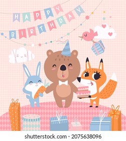 Funny Happy Birthday Card. Cute Baby Animals Together Bear, Bunny, And Fox With Tasty Cake In Vector. Pink Pastel Color Cartoon Festive Childish Card Background