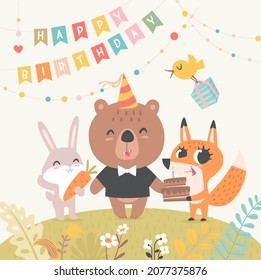 Funny happy birthday card. Cute baby animals together bear, bunny, and fox with tasty cake in vector. Flowers and flags in the background. Pastel color cartoon festive childish card background