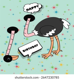 Funny Happy Birthday Card with Cute Cartoon Ostrich Quirky Animal Greeting Design