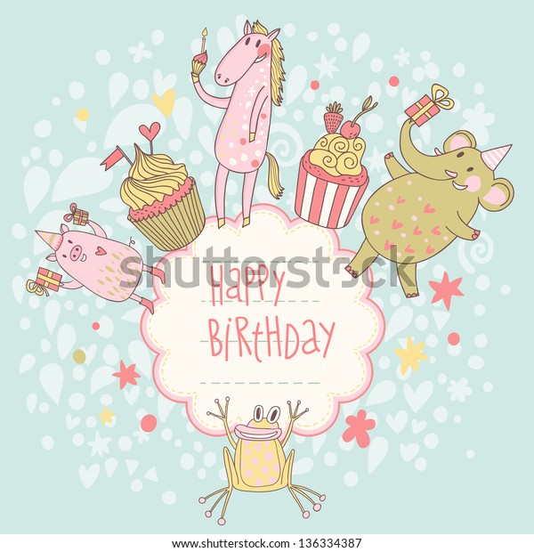 Funny Happy Birthday Card Cute Animals Stock Vector Royalty Free