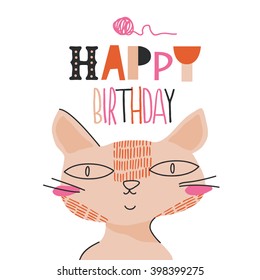 Funny "Happy birthday" card design with cat.
