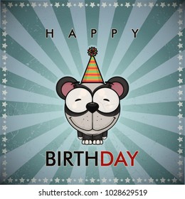 Funny happy birthday greeting card with cute cartoon panda.