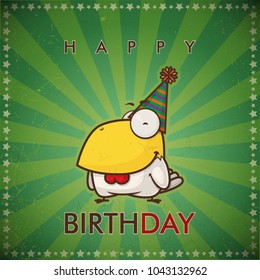 Funny happy birthday greeting card with cartoon rooster character.