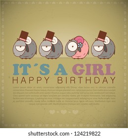 Funny happy birthday greeting card with cute cartoon sheep.