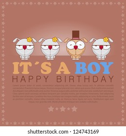 Funny happy birthday greeting card with cute cartoon dogs.