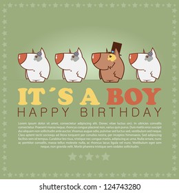 Funny happy birthday greeting card with cute cartoon dogs.