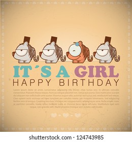 Funny happy birthday greeting card with cute cartoon tigers.