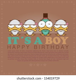 Funny happy birthday greeting card with cute cartoon ducks.