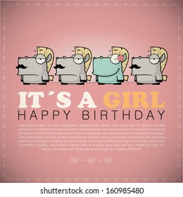 Funny happy birthday greeting card with cute cartoon horses.