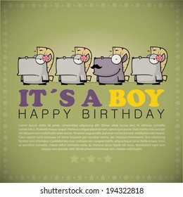 Funny happy birthday greeting card with cute cartoon horses.