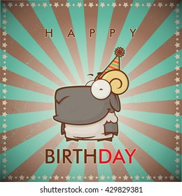 Funny happy birthday greeting card with cute cartoon sheep.