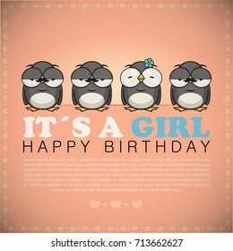 Funny happy birthday greeting card with cute cartoon penguin.