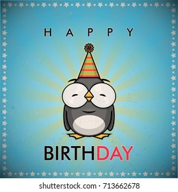 Funny happy birthday greeting card with cartoon penguin character.