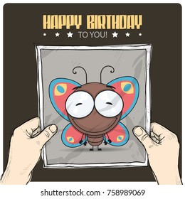 Funny happy birthday greeting card with cartoon buttrfly character.