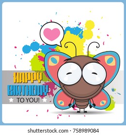 Funny happy birthday greeting card with cartoon butterfly character.