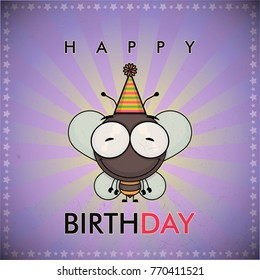 Funny happy birthday greeting card with cute cartoon bee.