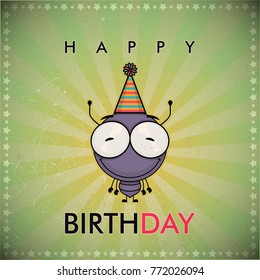 Funny happy birthday greeting card with cute cartoon ant.