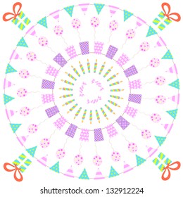 Funny happy birthday round background. Vector illustration for your carnival design. Gift cover for baby, child and girl. Can be used for wallpaper, pattern fills, web page background, surface texture