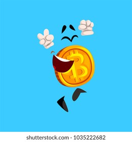 Funny happy bitcoin character having fun, crypto currency emoticon vector Illustration on a sky blue background