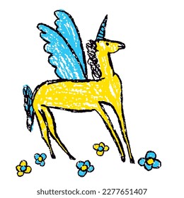 Funny happy blue yellow pegasus unicorn horse with flowers. Crayon like child`s hand drawn cute fantasy fairy animal. Pastel chalk pencil kids art flat cartoon. Vector doodle simple character