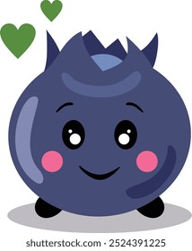 Funny happy blueberry mascot with green hearts