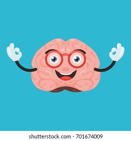 Funny happy brain character show hand sign ok. Cute human internal organ sign. Vector illustration in cartoon style