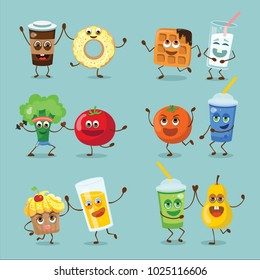 Funny happy breakfast food characters with emotions, includes fast food and fruits, vector illustrations.